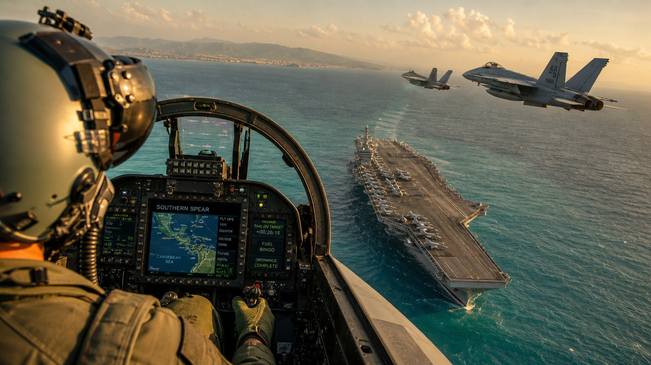 Imagem vista de dentro do cockpit de um avião militar com piloto, voando próximo a dois caças e porta-aviões no oceano.
