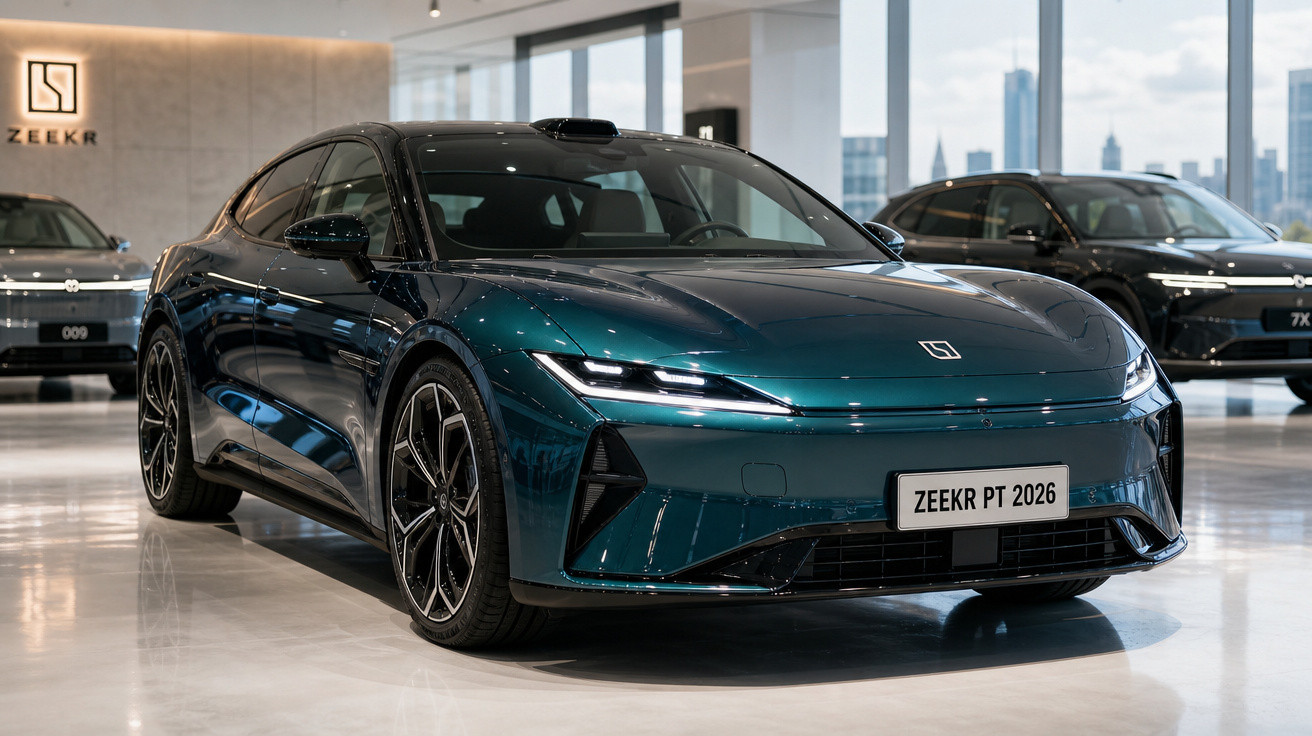 Carro elétrico Zeekr verde escuro em showroom moderno com piso refletivo e outros veículos ao fundo.