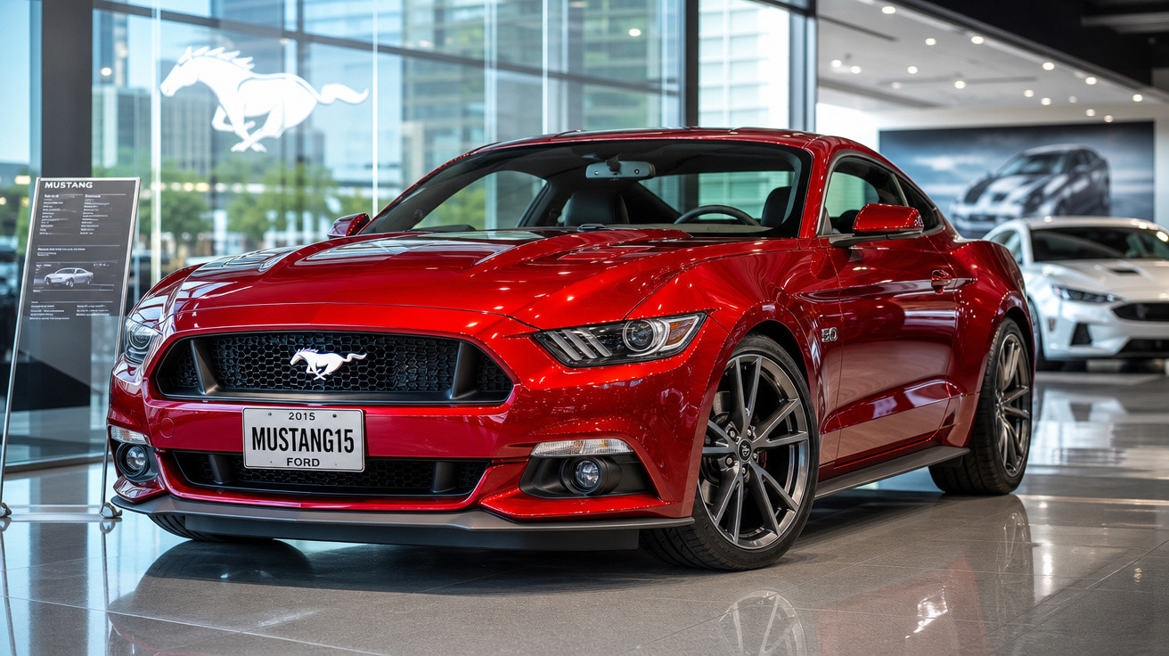 Carro esportivo Ford Mustang vermelho brilhante em showroom moderno com piso refletivo.