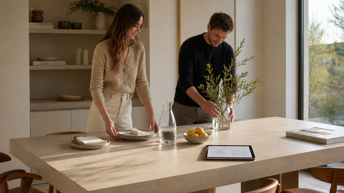 Casal arrumando mesa de jantar em ambiente claro e moderno, com planta e jarra de água sobre a mesa.