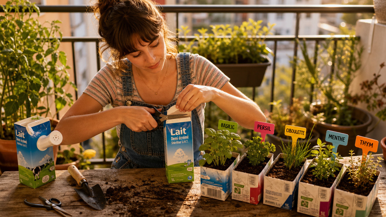 Mulher corta caixa de leite para plantar ervas em varanda com luz do sol ao fundo.