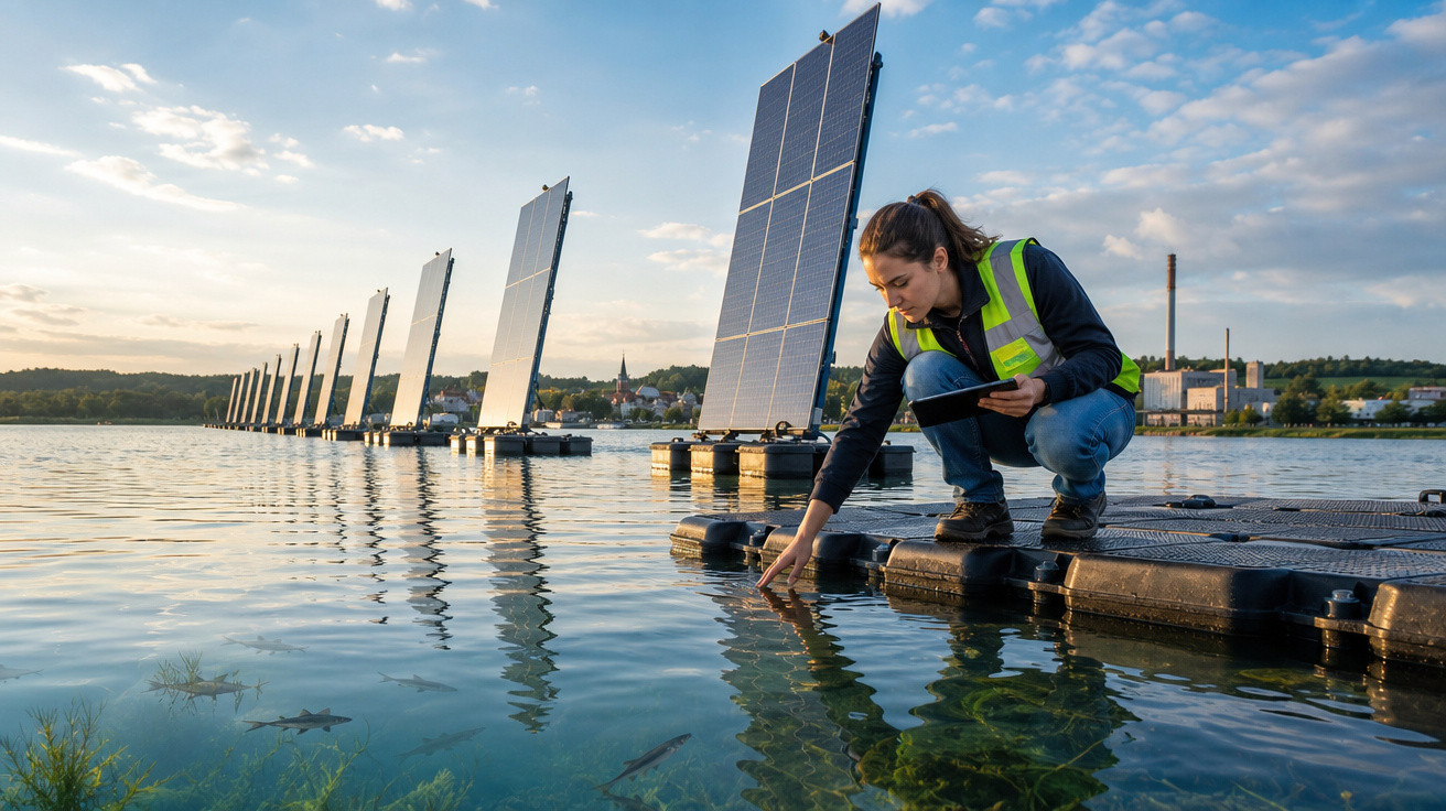 Mulher com colete refletivo verifica água perto de painéis solares flutuantes em lago ao pôr do sol.