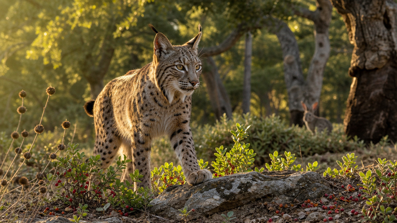 Lobo-da-tasmânia caminhando em área natural com luz do sol e vegetação ao redor.