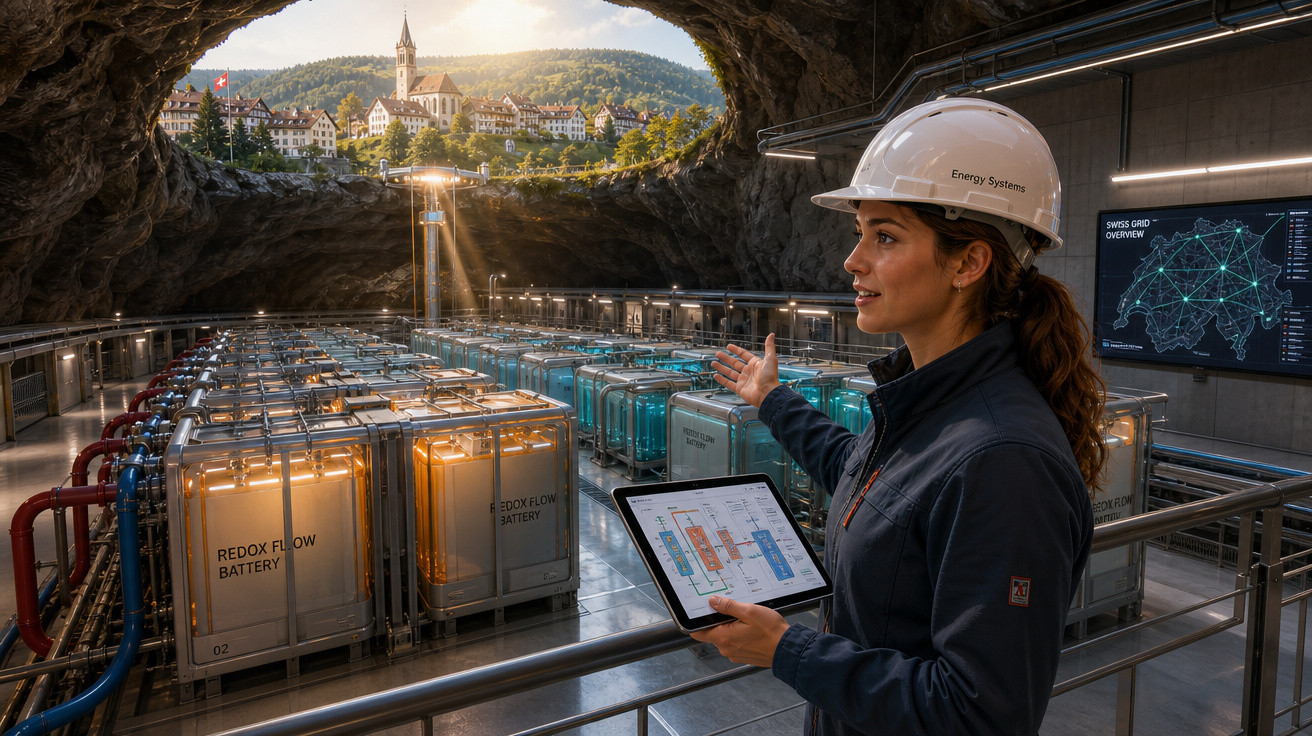 Mulher com capacete em usina subterrânea de baterias Redox Flow, segurando tablet e apontando para equipamentos.