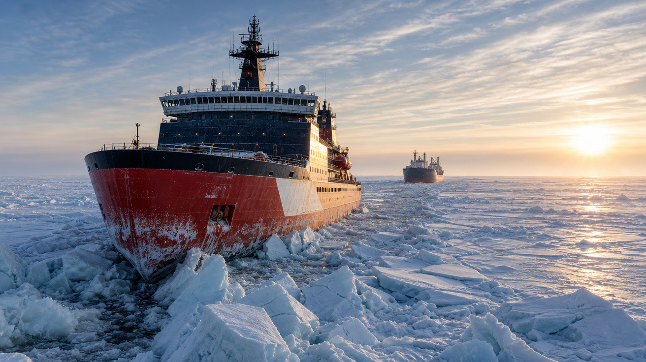 Navio quebra-gelo vermelho navegando em mar congelado com outro navio ao fundo durante o pôr do sol.