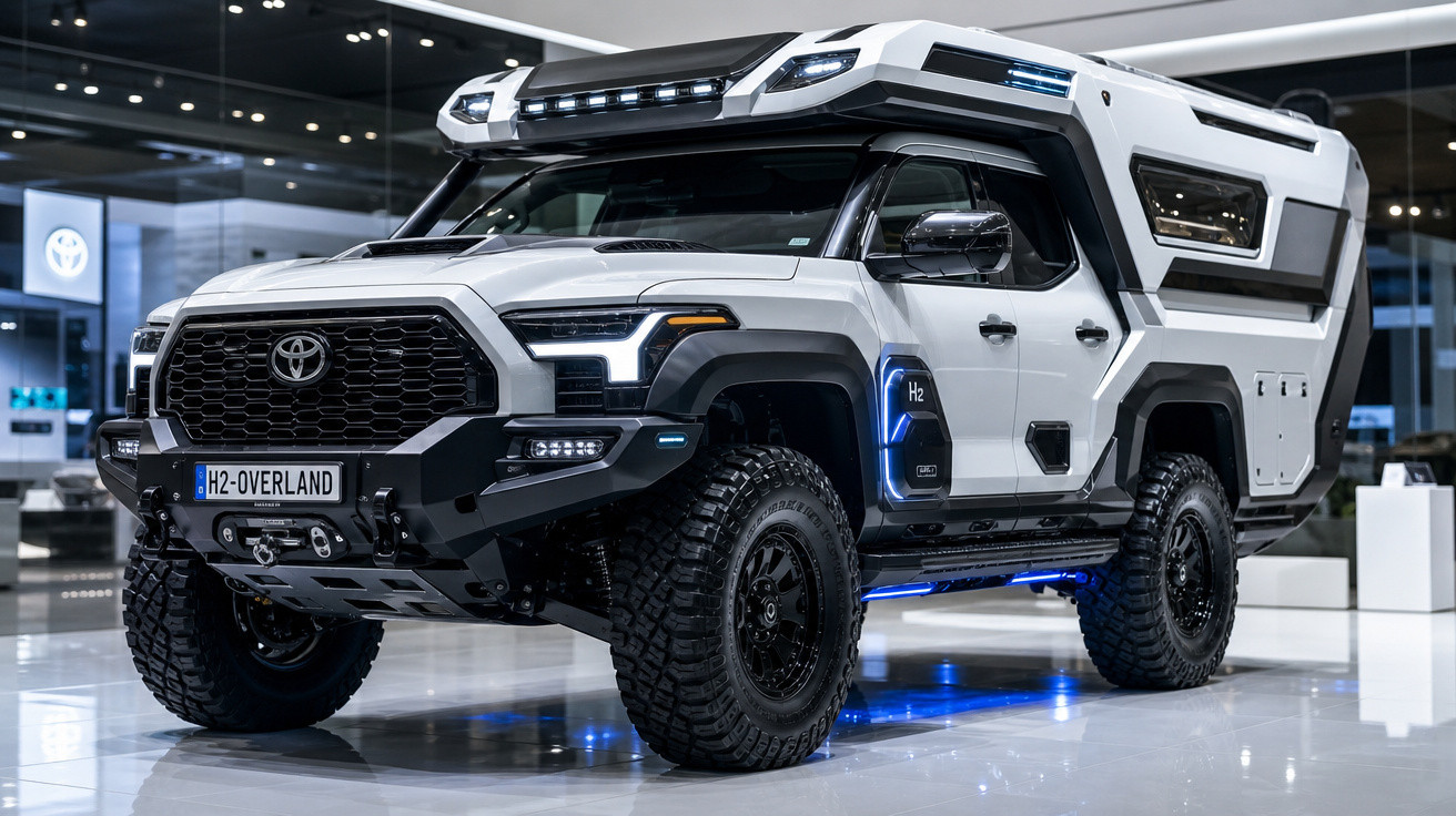 Picape Toyota branca H2-Overland futurista com pneus off-road e luzes azuis em exposição interna.