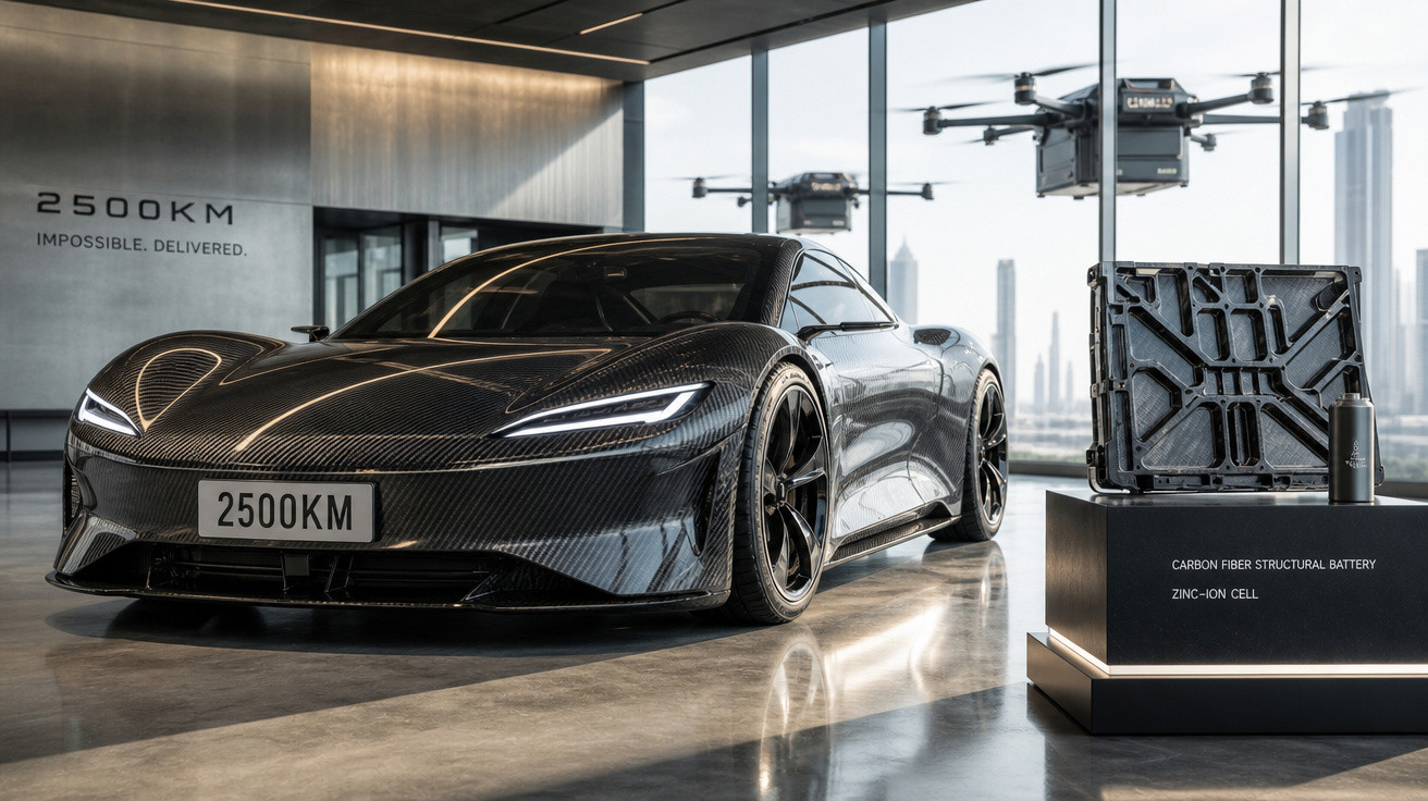 Carro esportivo elétrico preto de fibra de carbono ao lado de bateria estrutural no interior moderno.