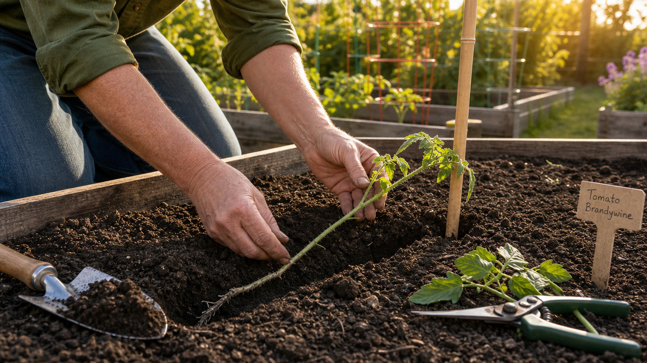 Pessoa plantando muda de tomate em canteiro de jardim ao entardecer