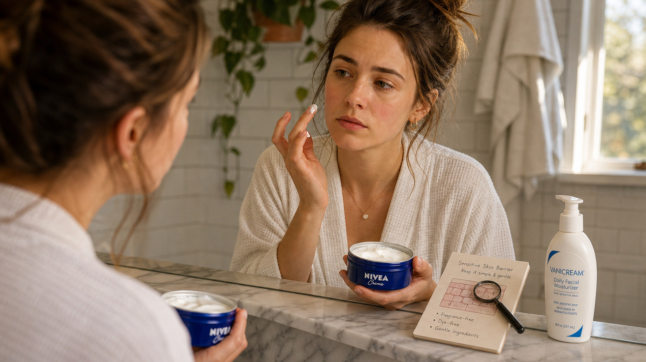 Mulher aplicando creme facial Nivea no rosto em frente ao espelho no banheiro branco.