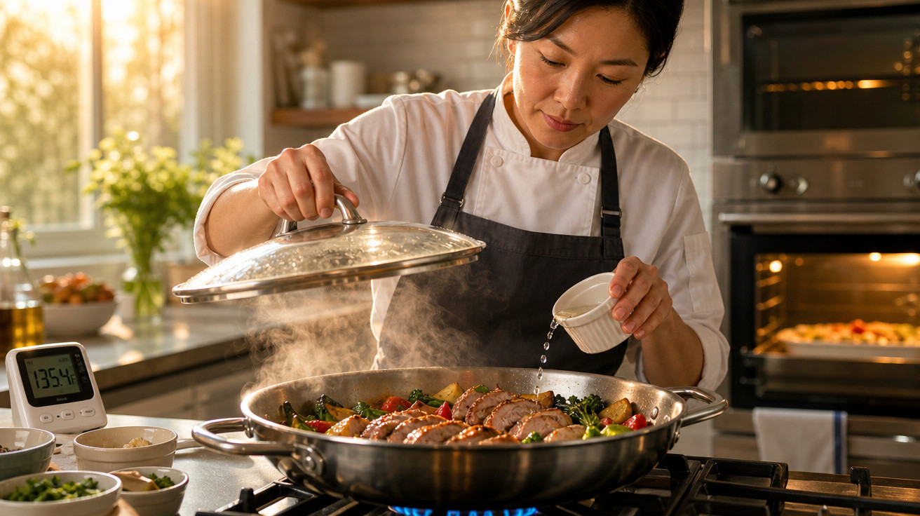 Mulher chef adiciona líquido em assadeira grande com legumes e carne em cozinha moderna.
