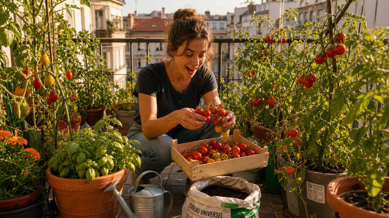 Mulher colhendo tomates em varanda com plantas em vasos e caixa de madeira cheia de tomates.