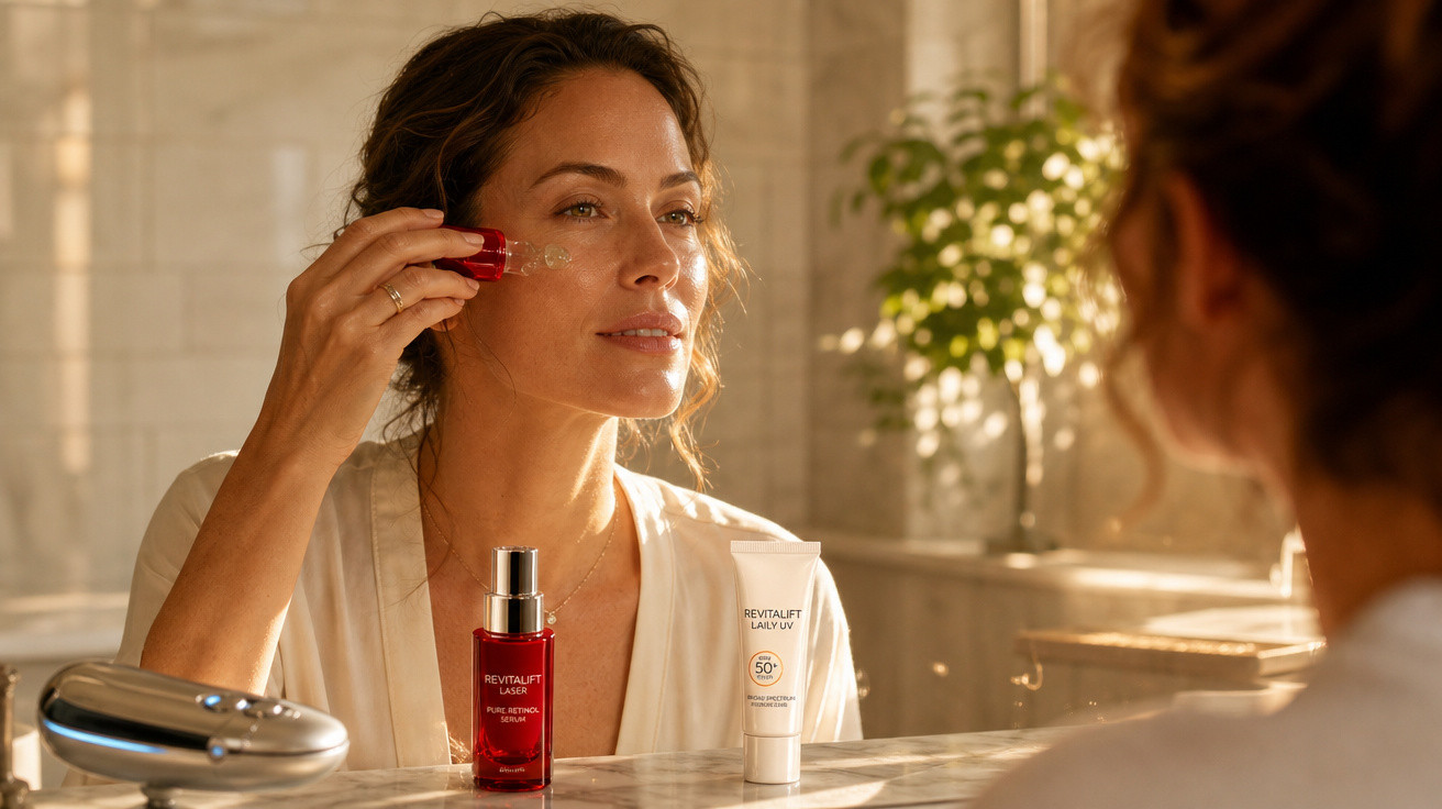 Mulher aplicando sérum no rosto em frente ao espelho com produtos de skincare sobre a bancada.