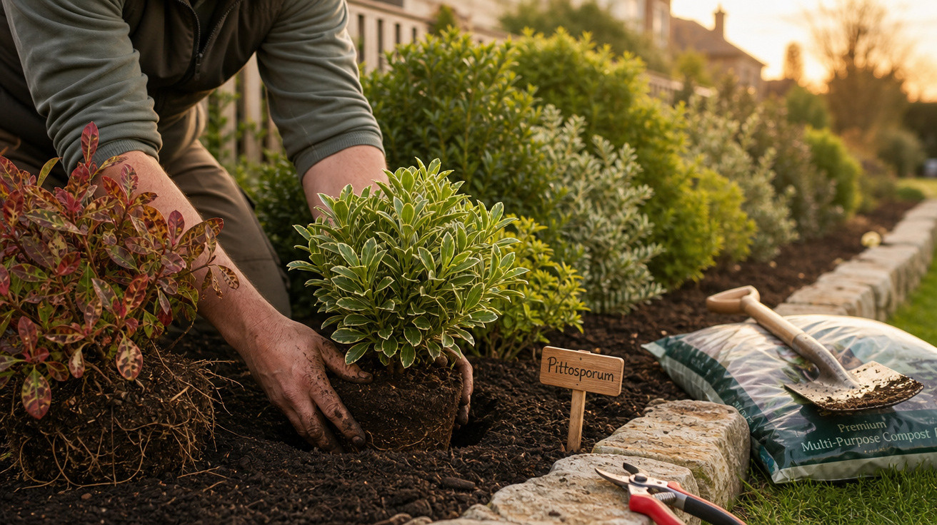 Pessoa plantando arbusto Pittosporum em canteiro com terra, ferramentas de jardinagem e compostagem ao lado.