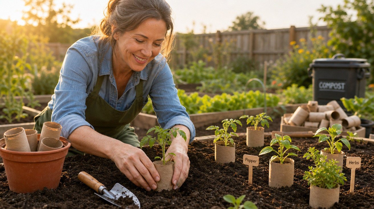 Mulher plantando mudas em vasos de papel biodegradável em um jardim ao ar livre ao entardecer.