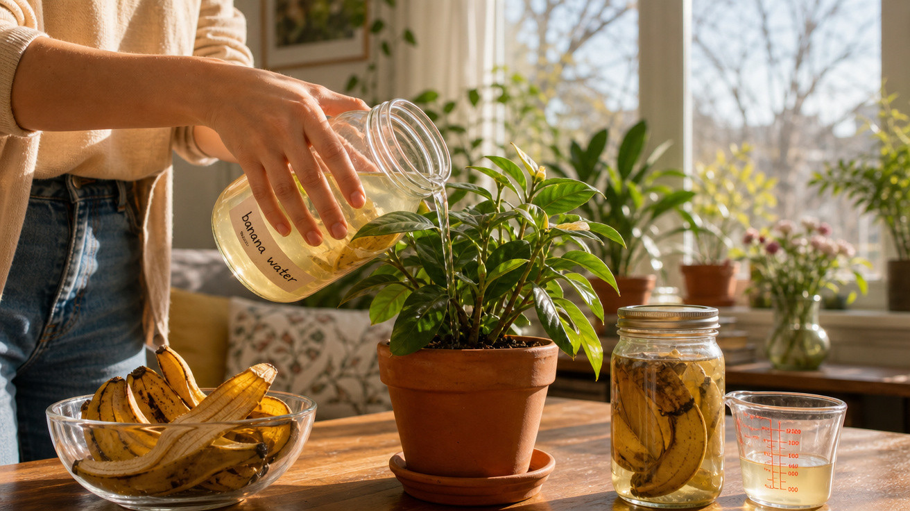 Pessoa regando planta com jarra rotulada como banana water em ambiente iluminado e aconchegante.