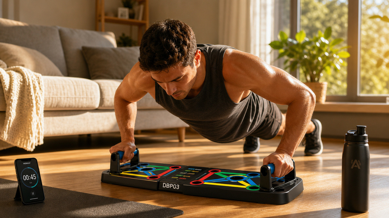 Homem fazendo flexão apoiado em plataforma de exercícios, medindo tempo em smartphone ao lado.