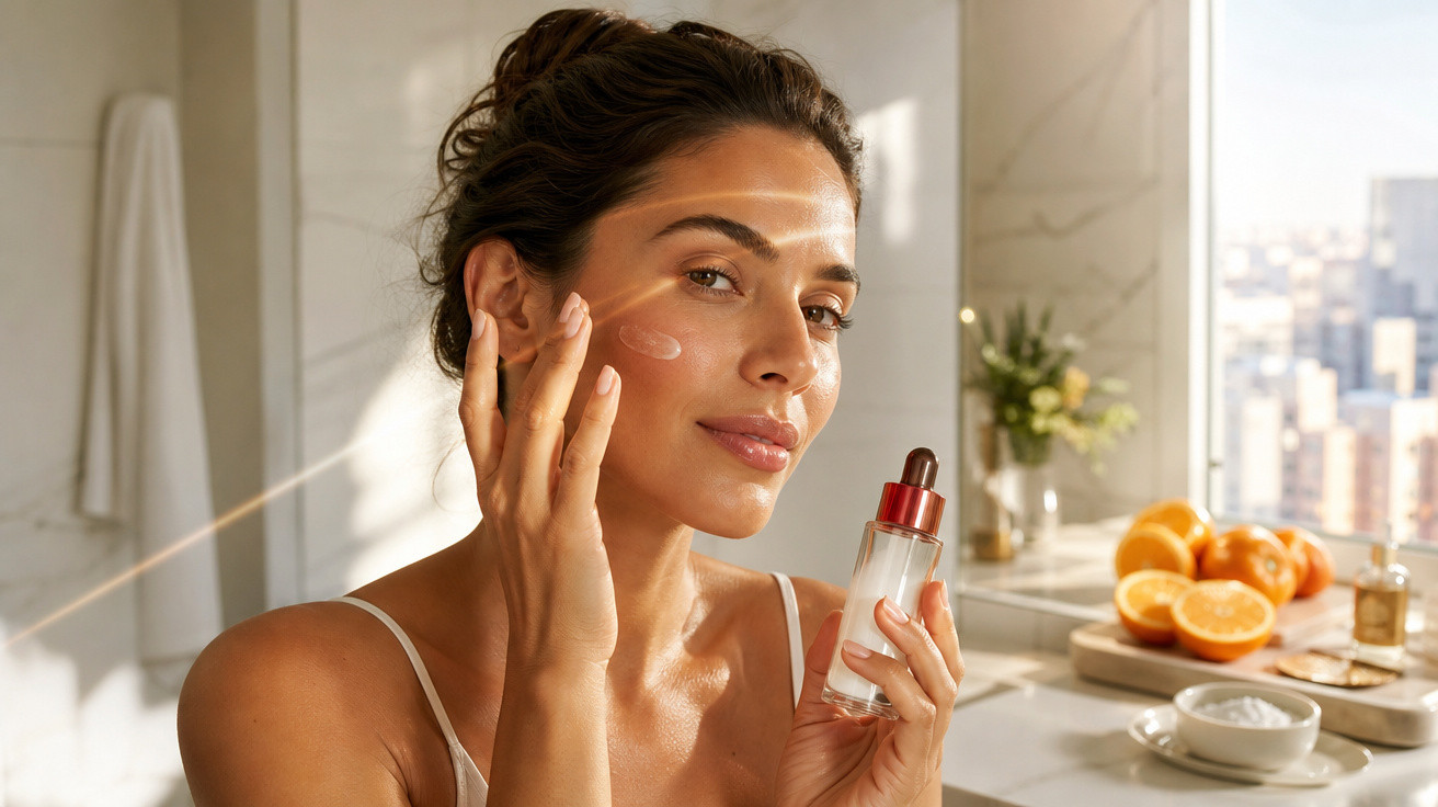 Mulher aplicando sérum facial em ambiente claro com laranjas e produtos de beleza ao fundo.