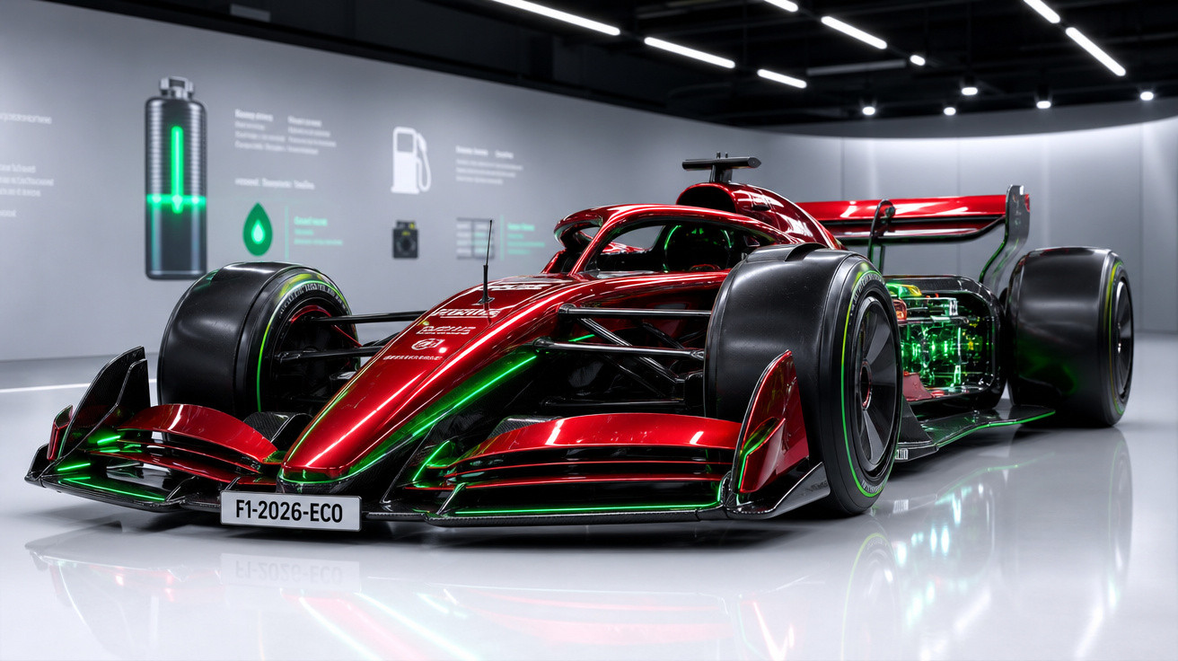 Carro de Fórmula 1 vermelho e preto com detalhes verdes em ambiente futurista e iluminação moderna.