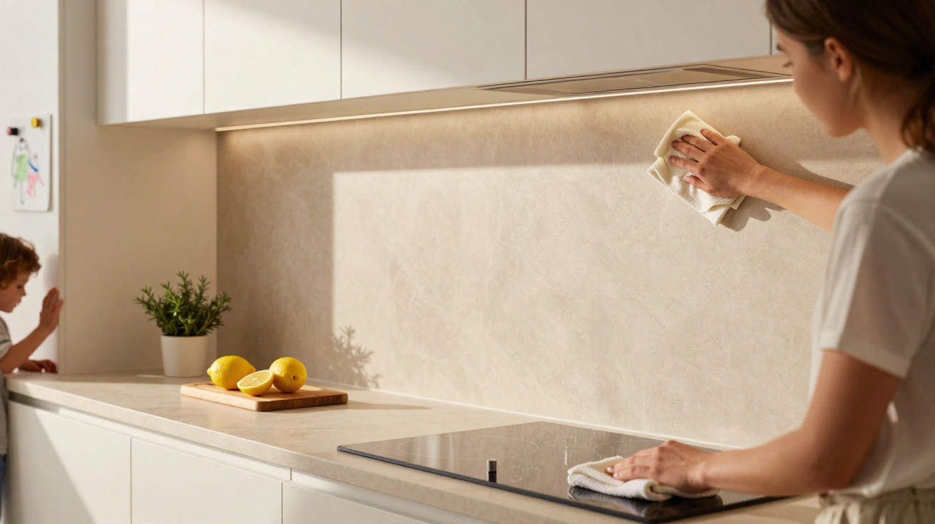 Mulher limpando bancada de cozinha clara enquanto criança observa ao fundo.