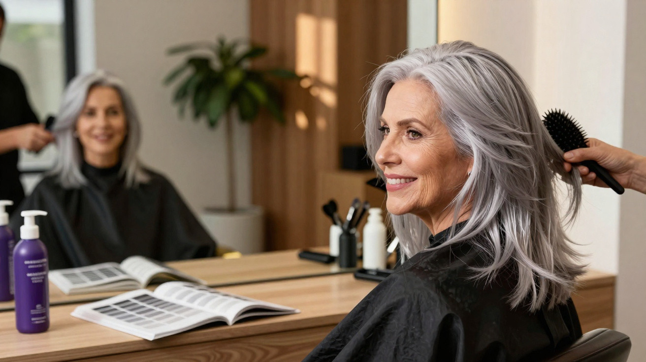 Mulher idosa com cabelo grisalho sendo penteada em salão de beleza, sorrindo para o espelho.