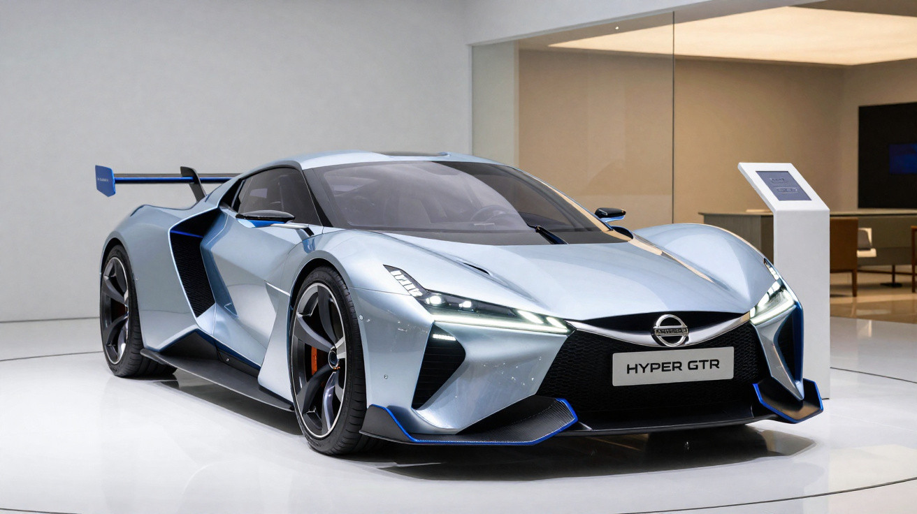 Carro esportivo prata Nissan Hyper GTR exibido em showroom moderno com iluminação suave.