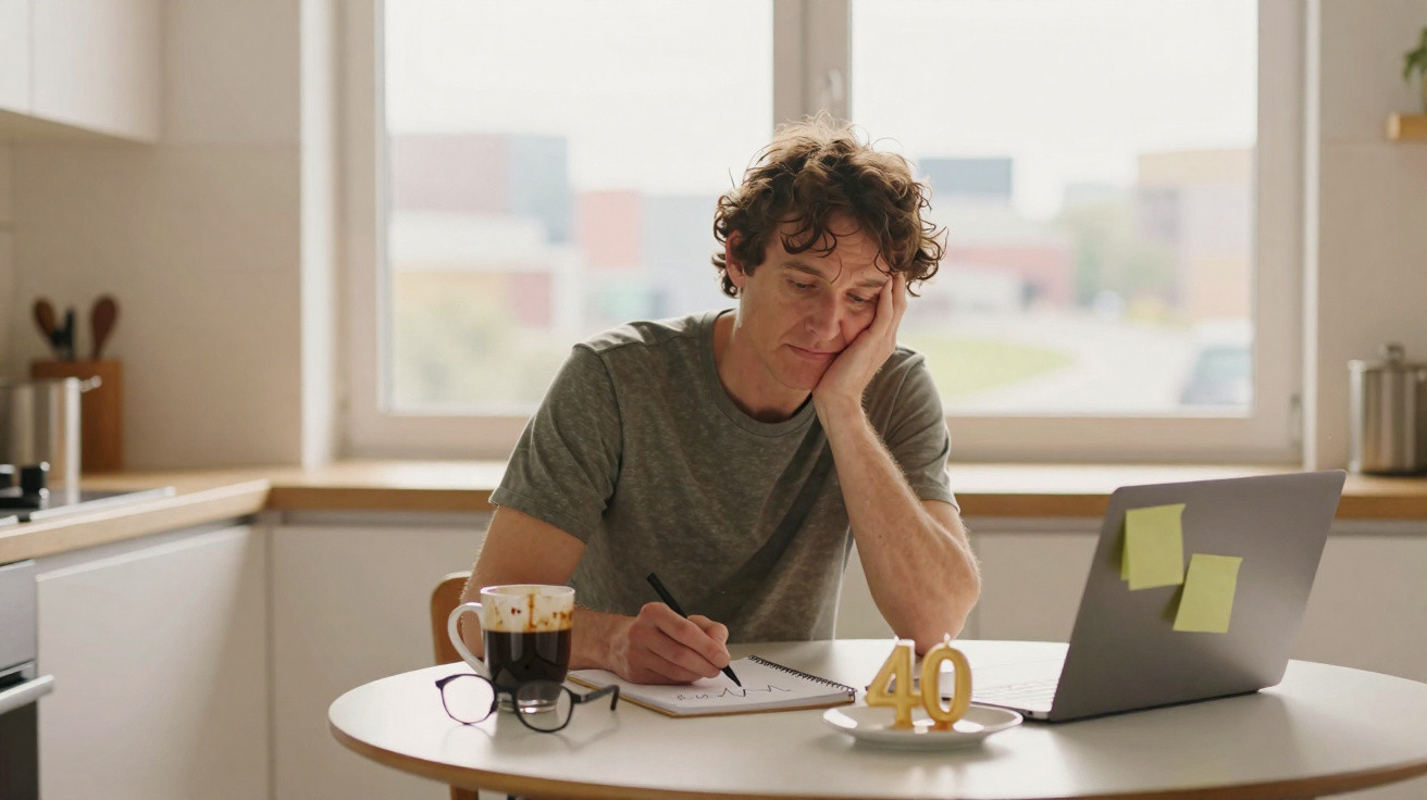Homem sentado à mesa escrevendo em caderno, com café, óculos, bolo com vela 40 e laptop à frente.