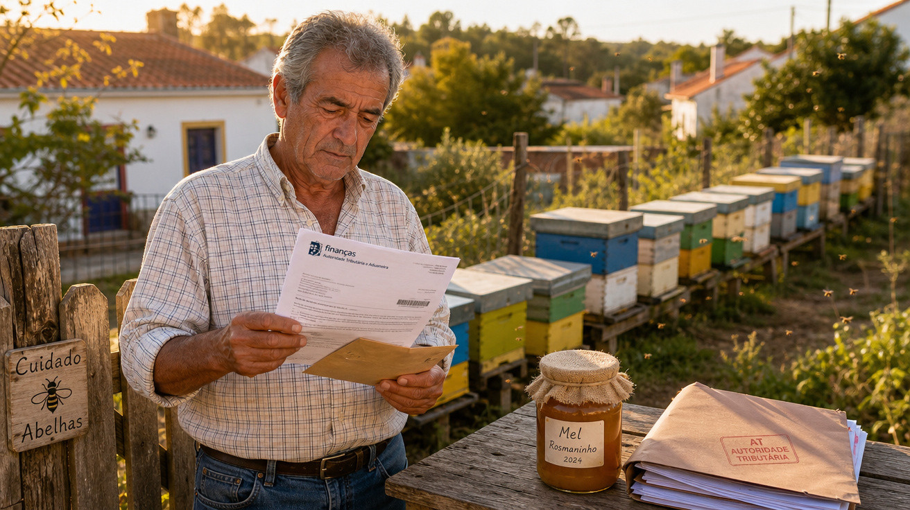 Homem lendo correspondência perto de colmeias e pote de mel em área rural ao entardecer.