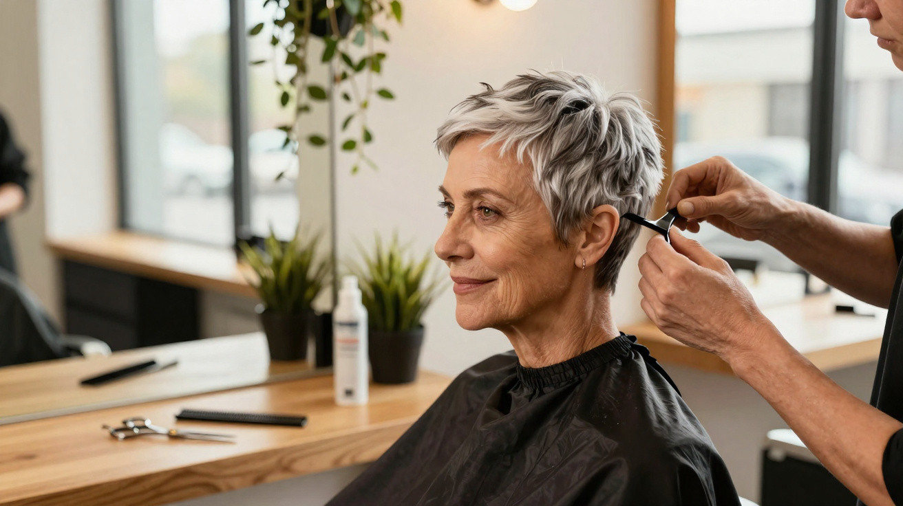 Mulher madura com cabelo grisalho recebendo corte de cabelo curto em salão moderno.