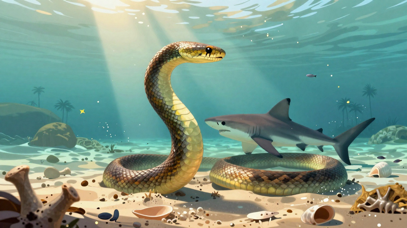 Serpente marinha dourada e tubarão nadando juntos no fundo do mar com luz solar penetrando a água.