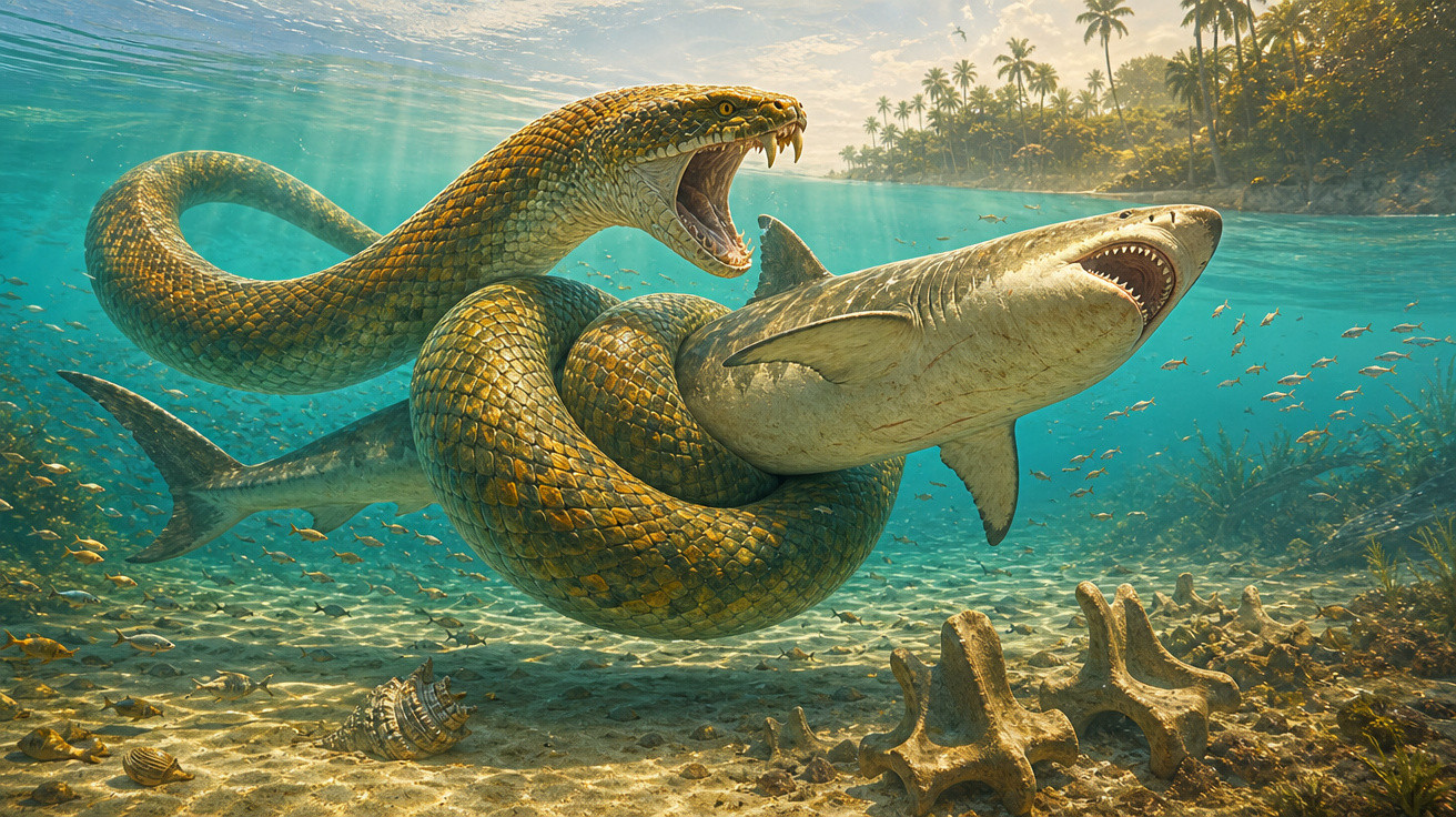 Serpente gigante enrolada em tubarão, com boca aberta, em ambiente submarino tropical.