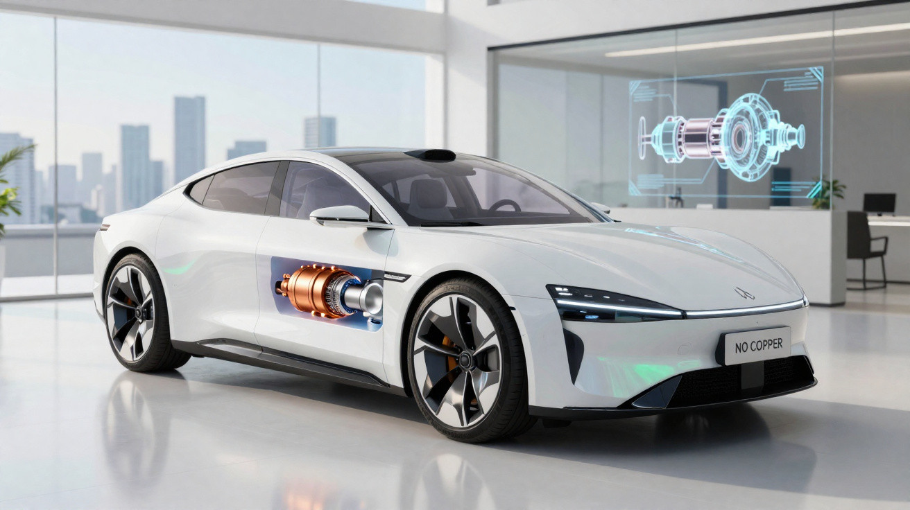 Carro elétrico branco moderno em showroom, com peça mecânica destacada na lateral e holograma técnico ao fundo.