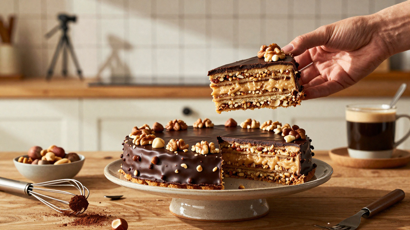 Mão segurando fatia de bolo de chocolate com camadas de creme e nozes em prato na cozinha.