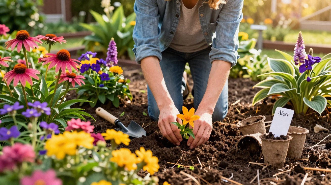 Pessoa plantando flor amarela em jardim florido com ferramentas de jardinagem ao redor.