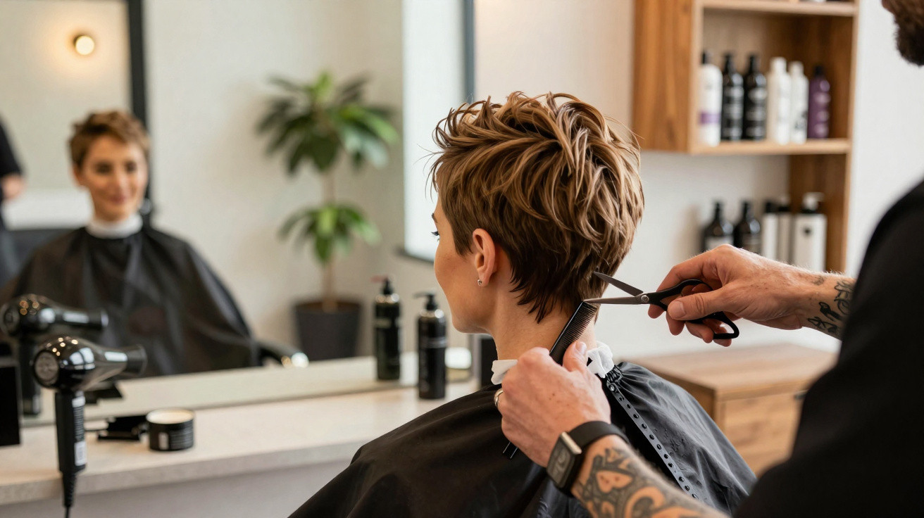 Pessoa com cabelo curto sendo cortada por cabeleireiro em salão moderno com espelho e produtos ao fundo.