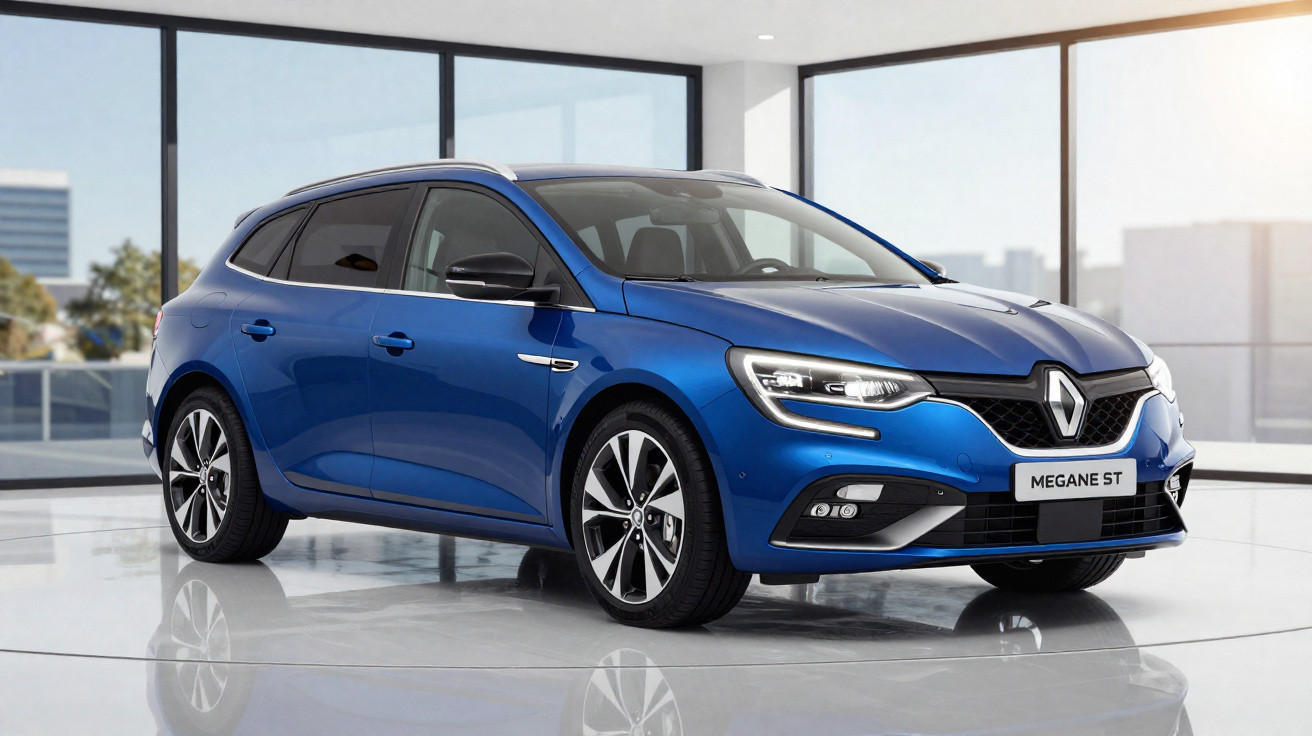 Carro Renault Megane ST azul em ambiente interno com janelas amplas e piso reflexivo.