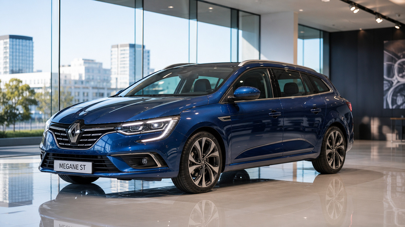 Carro Renault Megane ST azul exibido em showroom moderno com paredes de vidro.