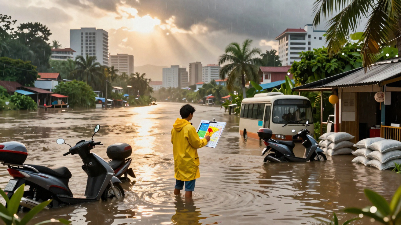 Homem com capa amarela verifica mapa em rua inundada com motos e ônibus submersos durante chuva.