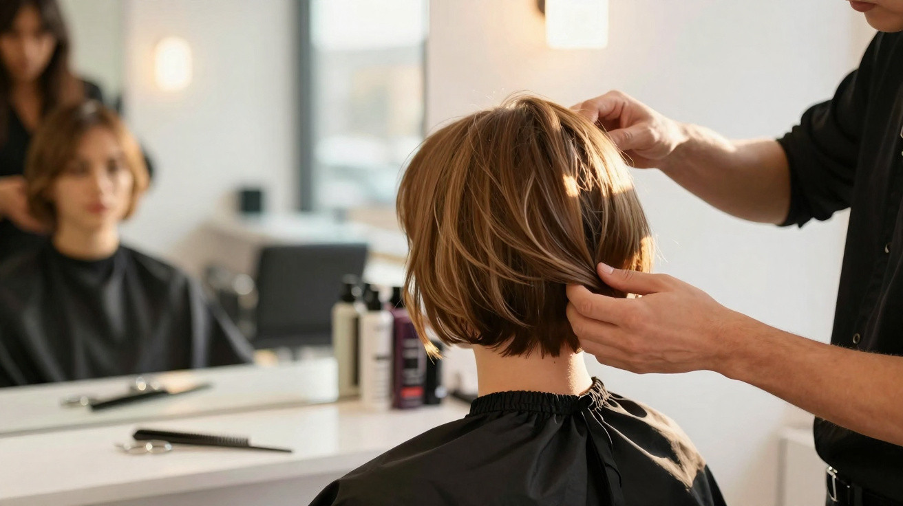 Pessoa recebendo corte de cabelo curto em salão moderno com espelho na parede.
