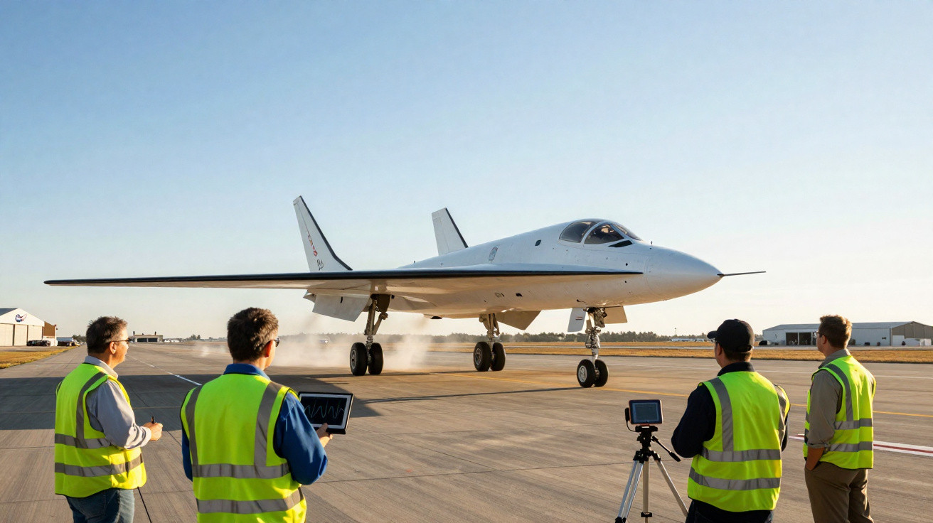 Quatro técnicos com coletes refletores observam e monitoram avião futurista em pista durante teste.