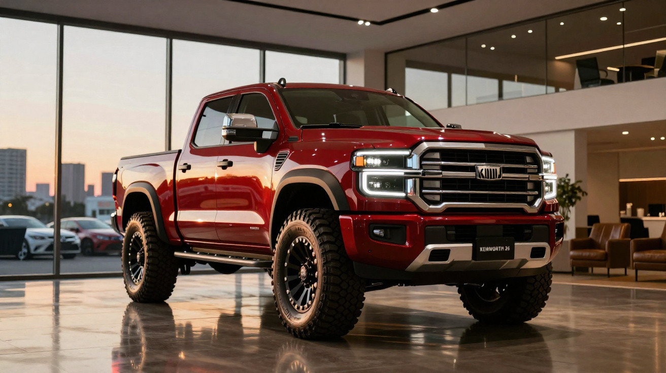 Picape vermelha robusta em showroom com rodas grandes e luzes acesas ao entardecer.