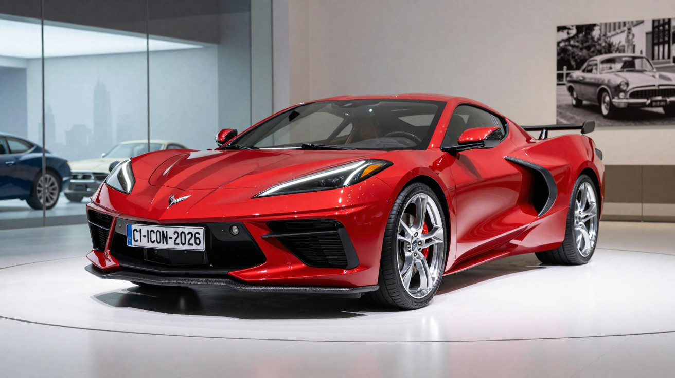 Carro esportivo vermelho Corvette em exposição interna com rodas prateadas e linhas aerodinâmicas modernas.
