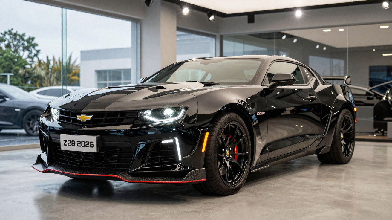 Carro esportivo Chevrolet Camaro Z28 preto 2026 em showroom moderno com piso cinza e iluminação branca.