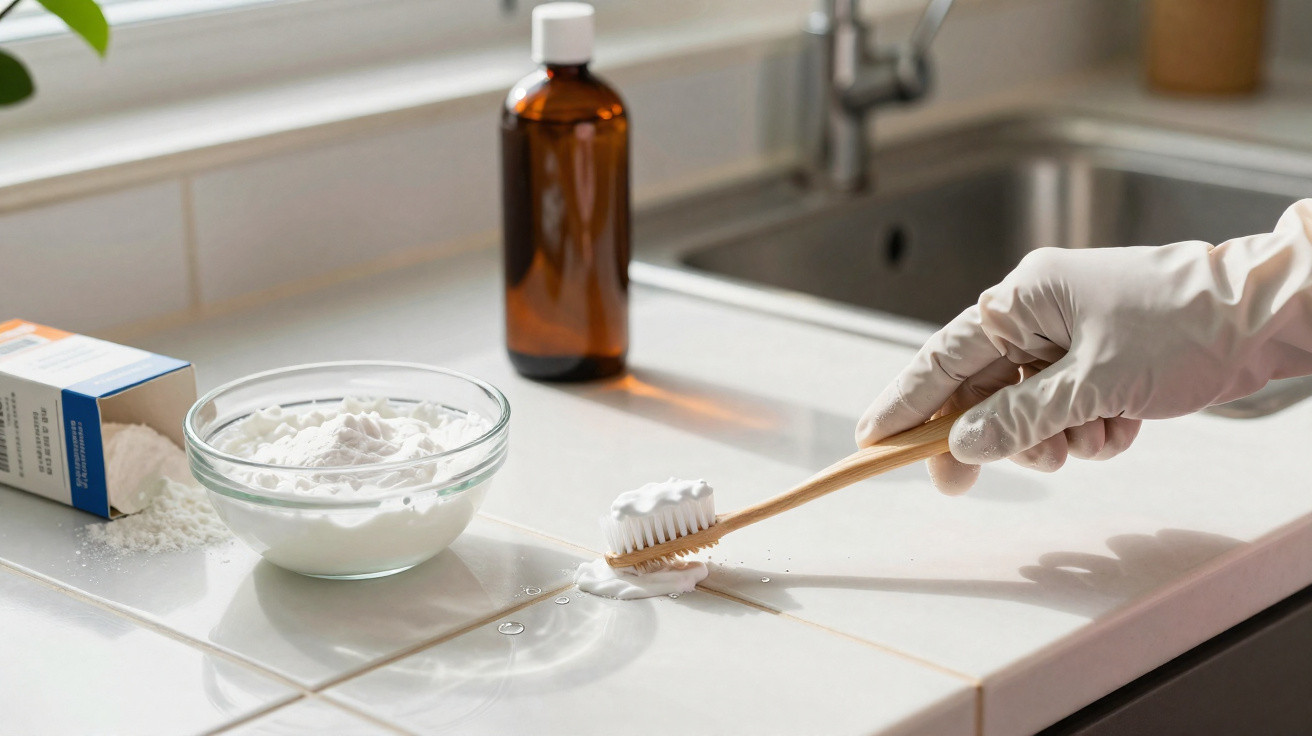 Mão com luva branca limpando rejunte da pia branca com escova de dente e bicarbonato em vidro.
