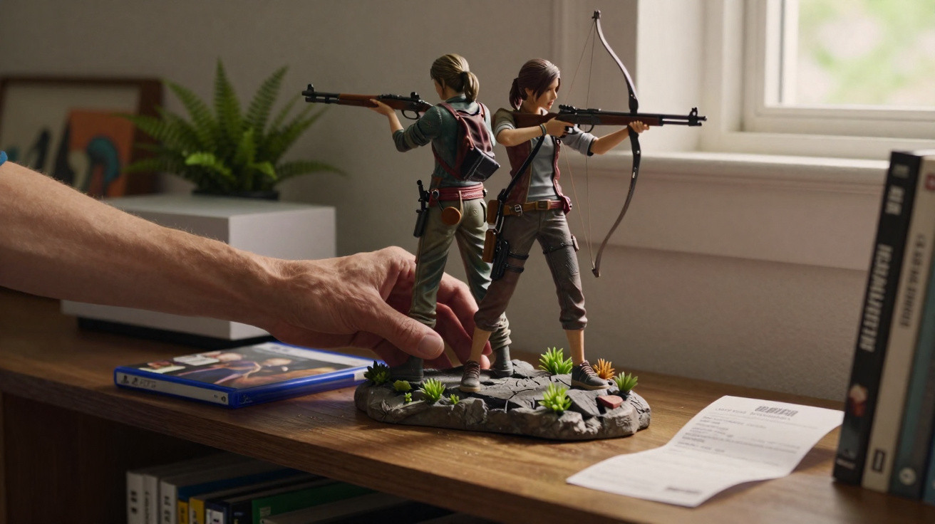 Mão ajusta estatuetas de personagens com armas em uma base decorada, sobre prateleira de madeira perto de janela.