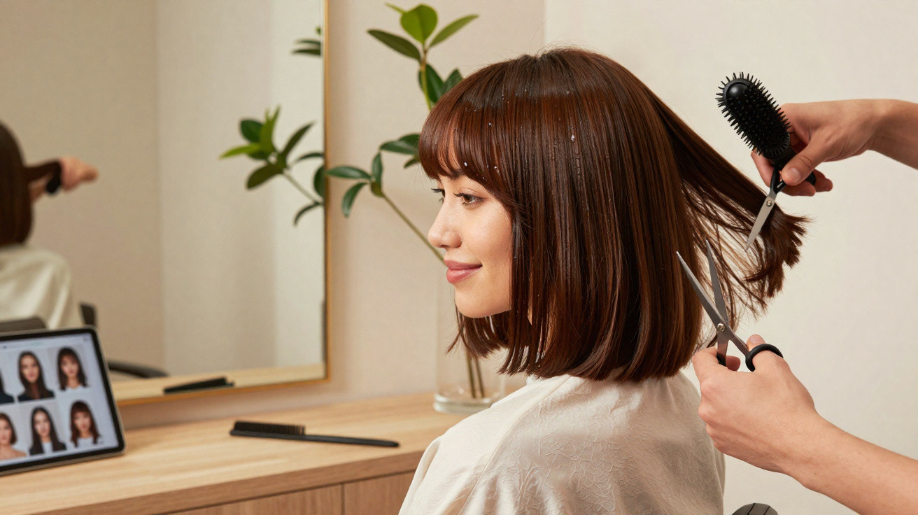Mulher sorrindo recebe corte de cabelo em salão, com tablet mostrando fotos de penteados ao fundo.