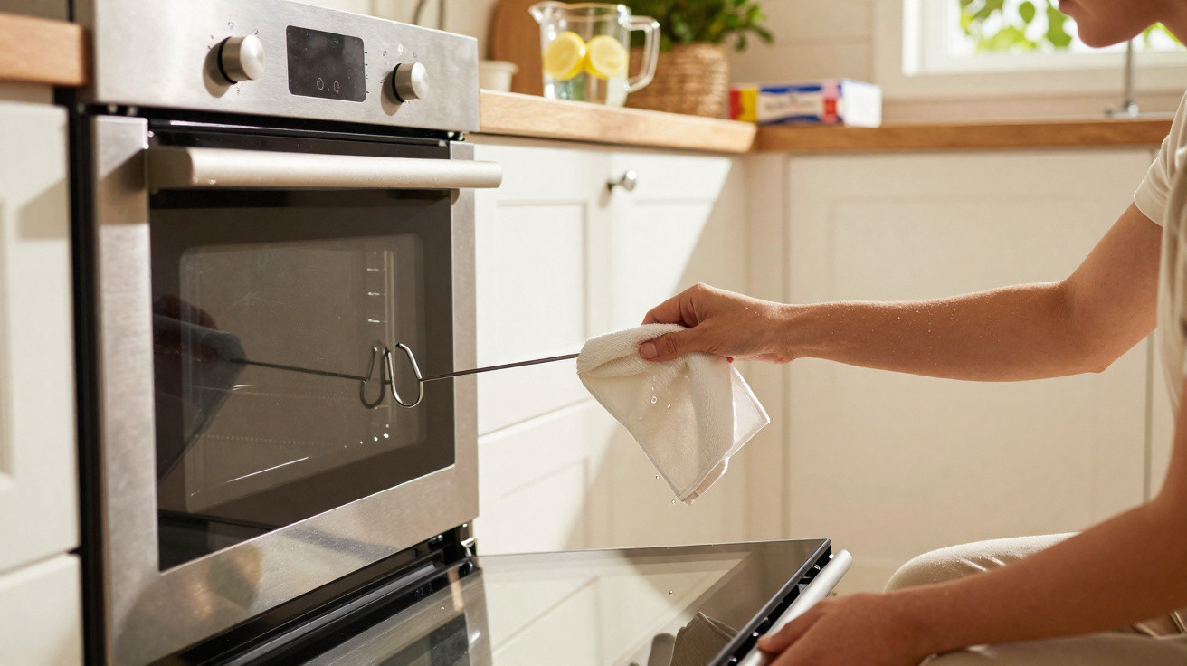 Pessoa usando pano para remover grade do forno elétrico em cozinha moderna iluminada.