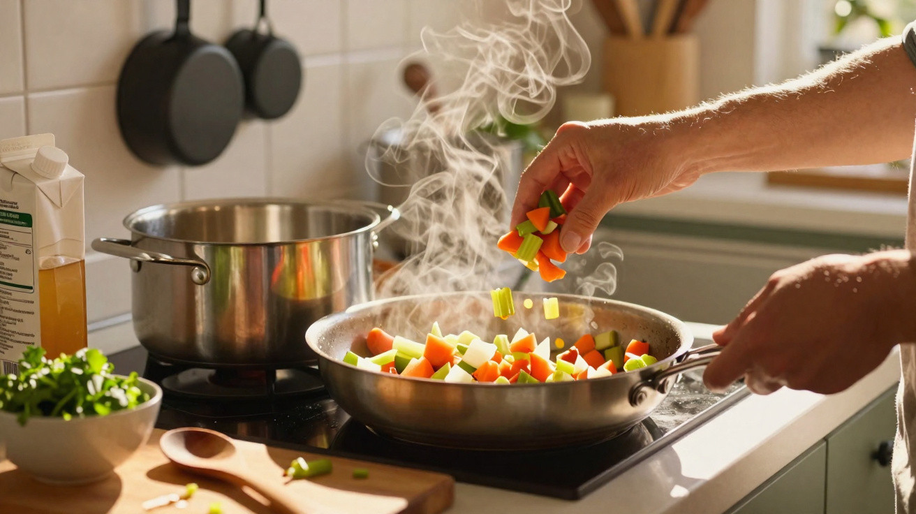 Mão adiciona legumes picados em frigideira quente com vapor na cozinha iluminada pelo sol.