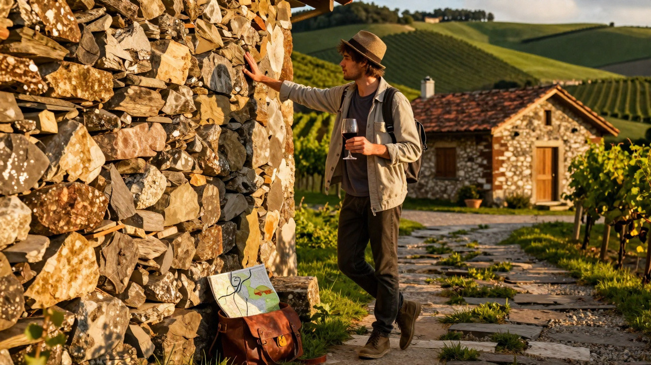 Homem com chapéu encostado em muro de pedra segurando taça de vinho em vinícola ao pôr do sol.