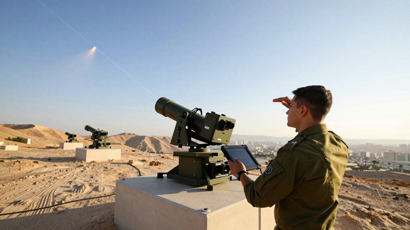 Soldado observa lançamento de míssil com equipamento eletrônico em área desértica com cidade ao fundo.