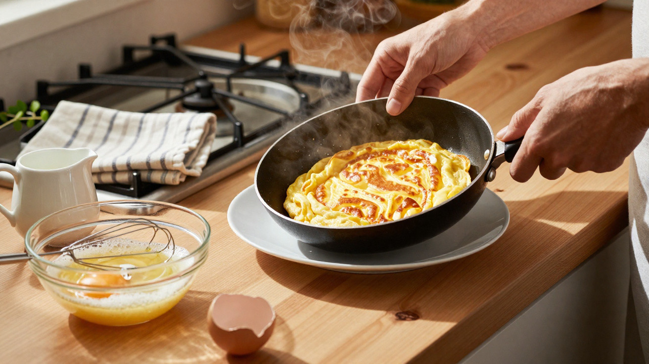 Mãos seguram frigideira com omelete quente recém-preparado em bancada de madeira na cozinha.